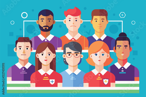 A colorful flat illustration showcasing a customizable team lineup with eight members in various shirts, Team lineup Customizable Flat Illustration
