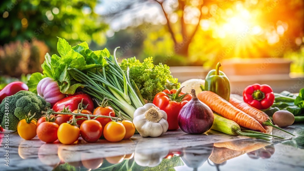 Healthy fresh vegetables, sunlight background