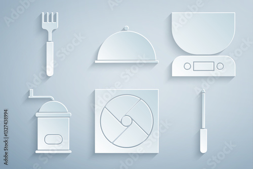 Set Ventilation, Electronic scales, Manual coffee grinder, Knife sharpener, Covered with tray and Fork icon. Vector