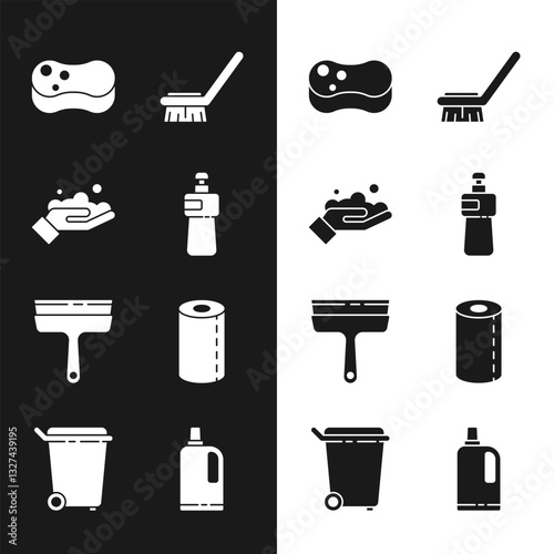 Set Dishwashing liquid bottle, Washing hands with soap, Sponge, Brush for cleaning, Rubber cleaner windows, Paper towel roll, Fabric softener and Trash can icon. Vector