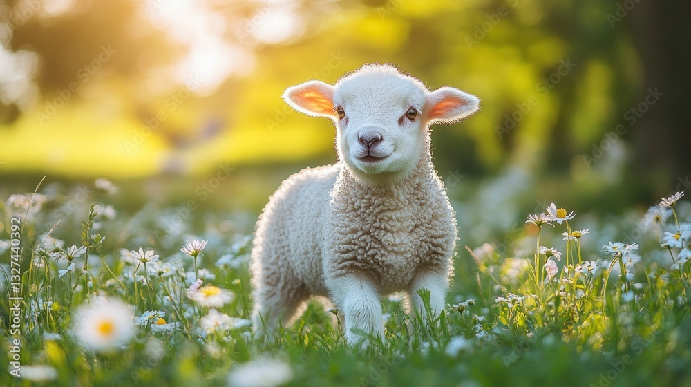 Obraz premium Adorable lamb in sunny meadow of daisies