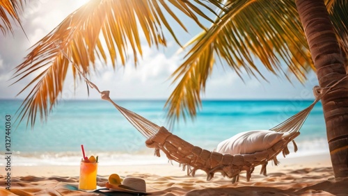 Hammock and Cocktail on a Sunny Ocean Shore Illustration for World Laziness Day and World Cocktail Day