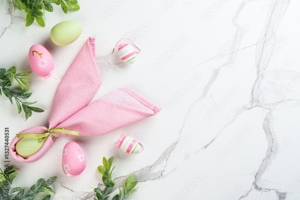 Easter background on white. Easter eggs and decorations.