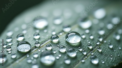 Macro drops of dew create a shiny, wet texture on a vibrant green leaf