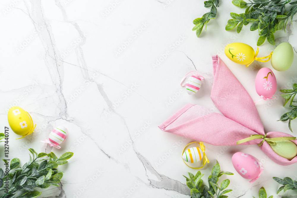 Easter composition with Bunny ears, colored eggs and green plants.