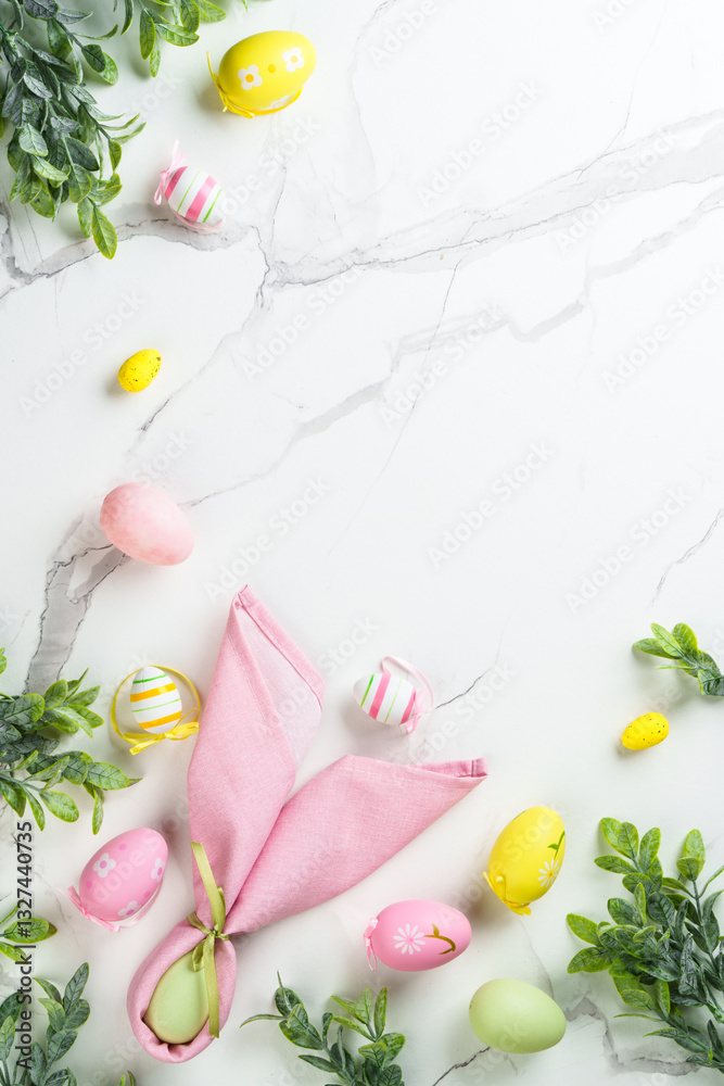 Easter background on white. Easter eggs and decorations.