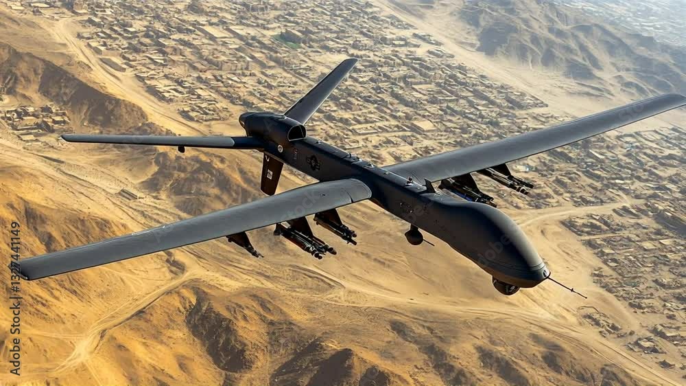 Military Drone in Flight: A menacing military drone soars against a backdrop of arid terrain and a town.