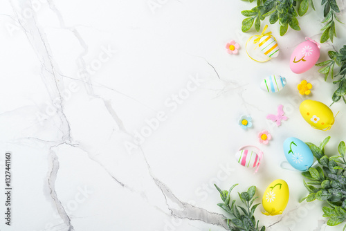 Easter composition with colored eggs and green plants on white background.