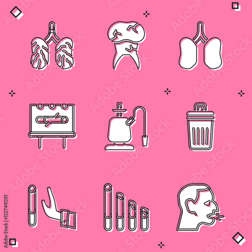 Set Disease lungs, Tooth with caries, Lungs, No smoking, Hookah, Trash can, Giving up cigarette and Smoking icon. Vector