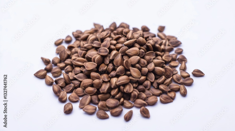 Close-Up View of Brown Seed Pile on White Background Close-Up View of Brown Seed Pile on White Background