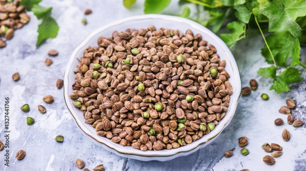 Fresh Green and Brown Seeds on a White Plate with Green Leaves Fresh Green and Brown Seeds on a White Plate with Green Leaves