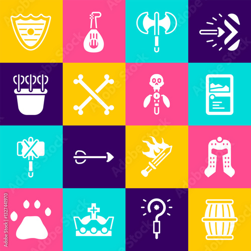 Set Gun powder barrel, Medieval helmet, Card game collection, poleaxe, Crossed human bones, Quiver with arrows, Shield and Magic staff icon. Vector