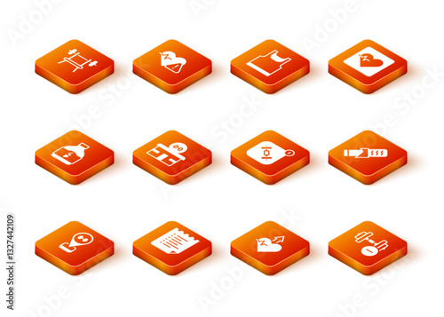 Set Location gym, Sport training program, Sports nutrition, Gym building, Heartbeat increase, Fitness app, Dumbbell and Protein sport bar icon. Vector