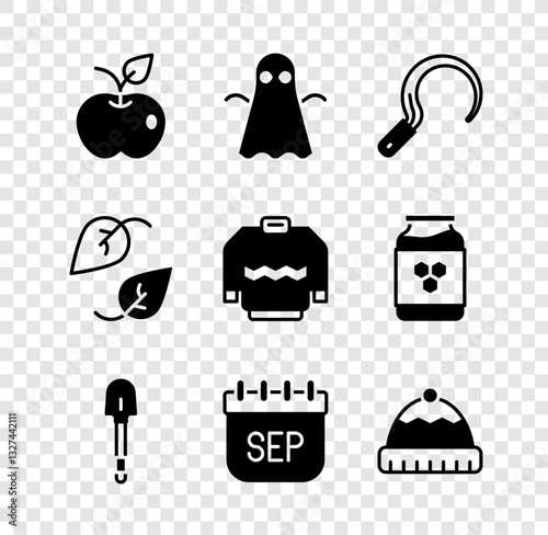 Set Apple, Ghost, Sickle, Shovel, September calendar autumn, Winter hat, Leaf and Sweater icon. Vector
