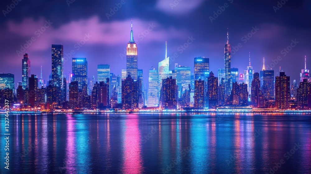 Fototapeta premium Illuminated City Skyline With Vibrant Colors and Reflection Across Calm Waters