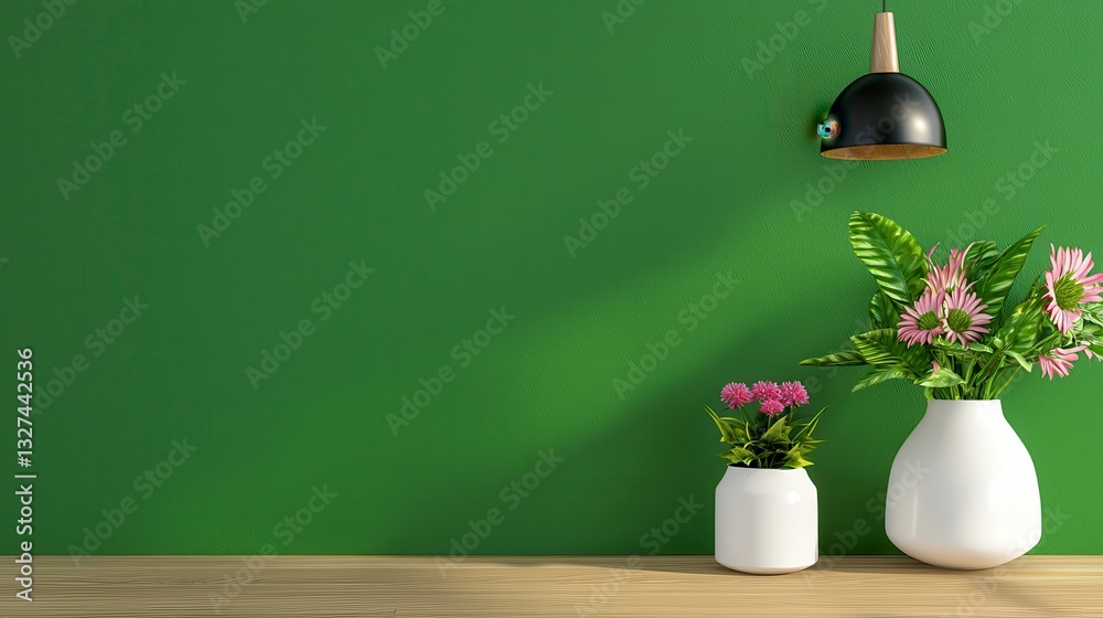 Beautiful vase filled with fresh flowers placed on a table in a modern kitchen with dark green wall design