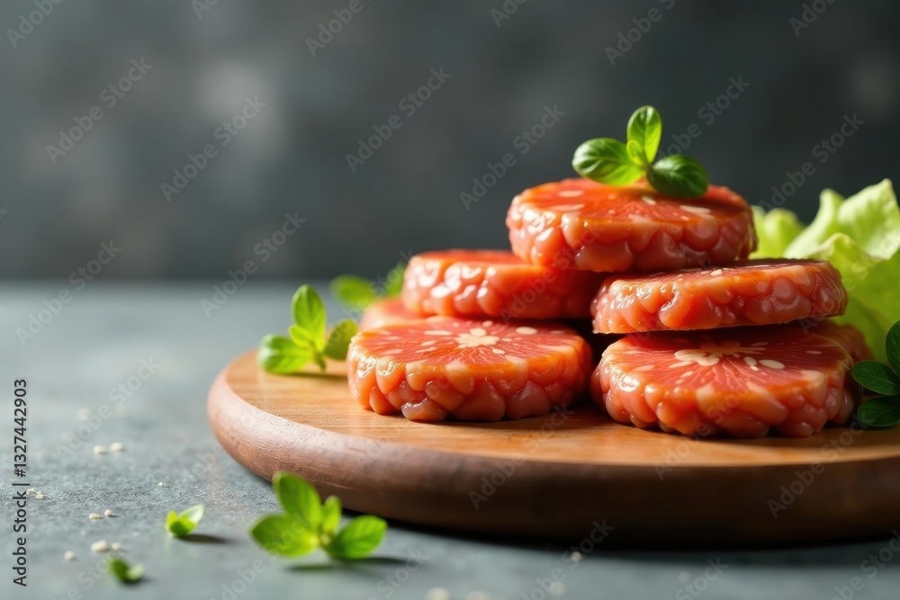 Delicious Appetizer of Stacked, Marinated, Circular Slices of Seafood on Wooden Board with Fresh Herbs Delicious Appetizer of Stacked, Marinated, Circular Slices of Seafood on Wooden Board with Fresh Herbs