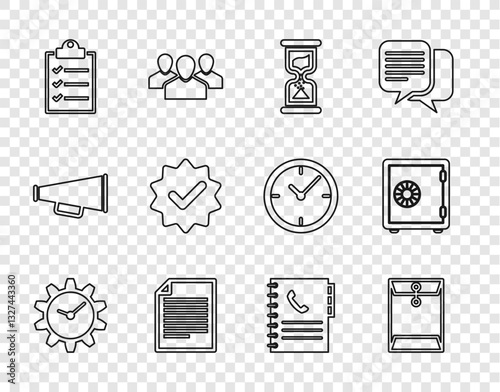 Set line Time Management, Envelope, Old hourglass, Document, Clipboard with checklist, Approved and mark, Phone book and Safe icon. Vector