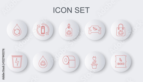 Set line Bio fuel barrel, Lightning with trash can, Tag recycle, Electric saving plug pot, Recycle clean aqua, Battery, and Toilet paper roll icon. Vector