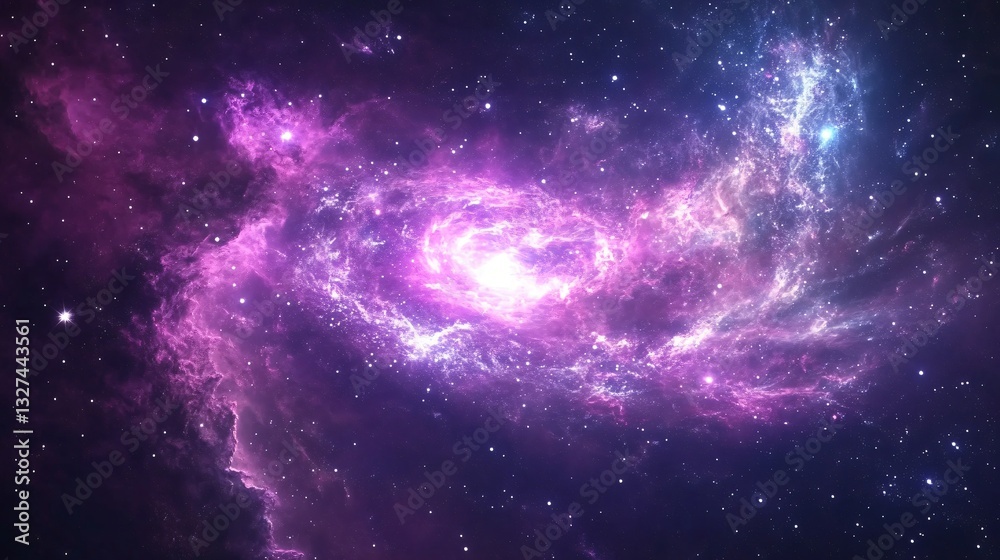Fototapeta premium Vibrant cosmic nebula, swirling pink and purple gases against a dark backdrop, highlighting the beauty of the universe.