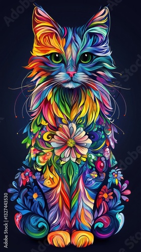 Vibrant rainbow cat art. A colorful feline, adorned with flowers, sits against a dark background. This digital artwork is full of life and color.