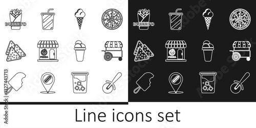 Set line Pizza knife, Fast street food cart, Ice cream in waffle cone, Pizzeria building facade, Nachos, Burrito, and Glass with water icon. Vector