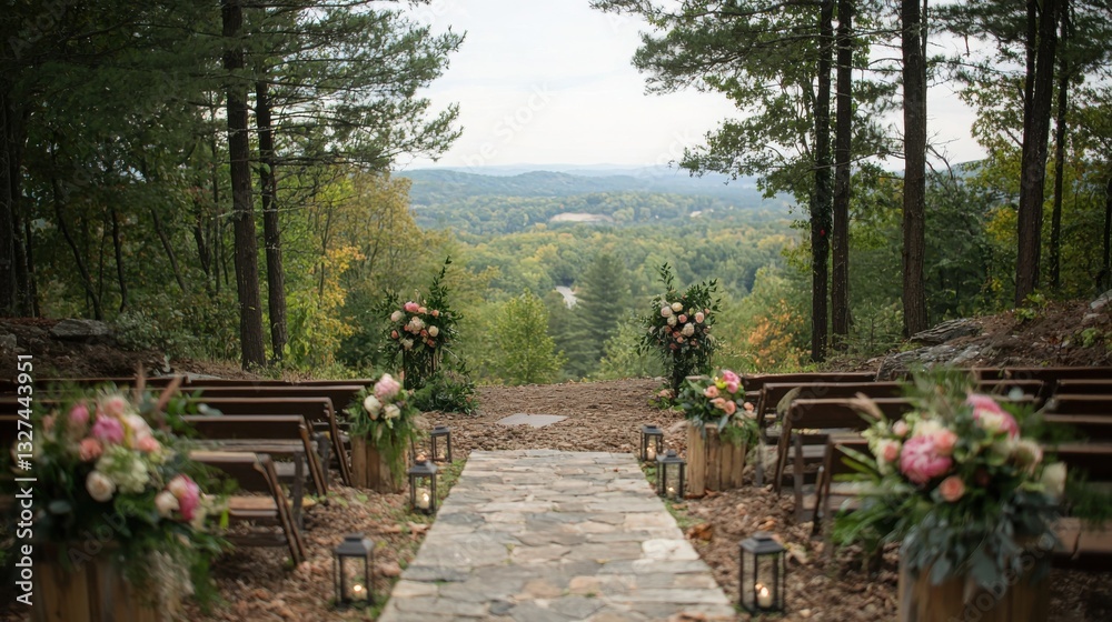 Rustic outdoor wedding ceremony setup with a stunning forest and mountain view. Rows of wooden chairs face a stone pathway lined with lanterns and floral arrangements. Rustic outdoor wedding ceremony setup with a stunning forest and mountain view. Rows of wooden chairs face a stone pathway lined with lanterns and floral arrangements.