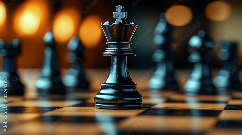 Black chess queen stands prominently, surrounded by other pieces on a wooden board, set against a warm, blurred background Black chess queen stands prominently, surrounded by other pieces on a wooden board, set against a warm, blurred background