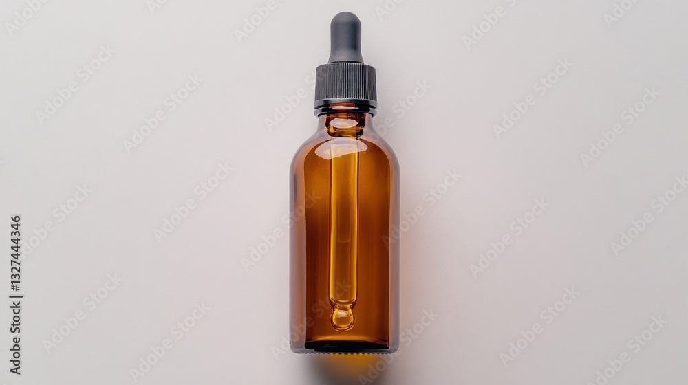 glass dropper bottle contains a clear liquid and sits on a smooth surface glass dropper bottle contains a clear liquid and sits on a smooth surface
