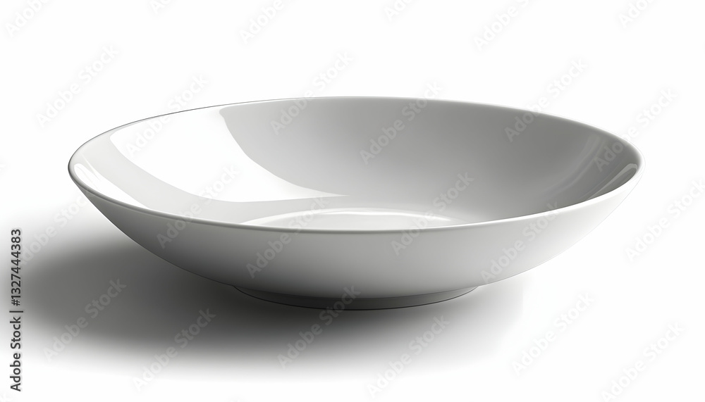 A pristine, shallow white bowl sits on a stark white background, casting a subtle shadow. Its smooth surface reflects light A pristine, shallow white bowl sits on a stark white background, casting a subtle shadow. Its smooth surface reflects light