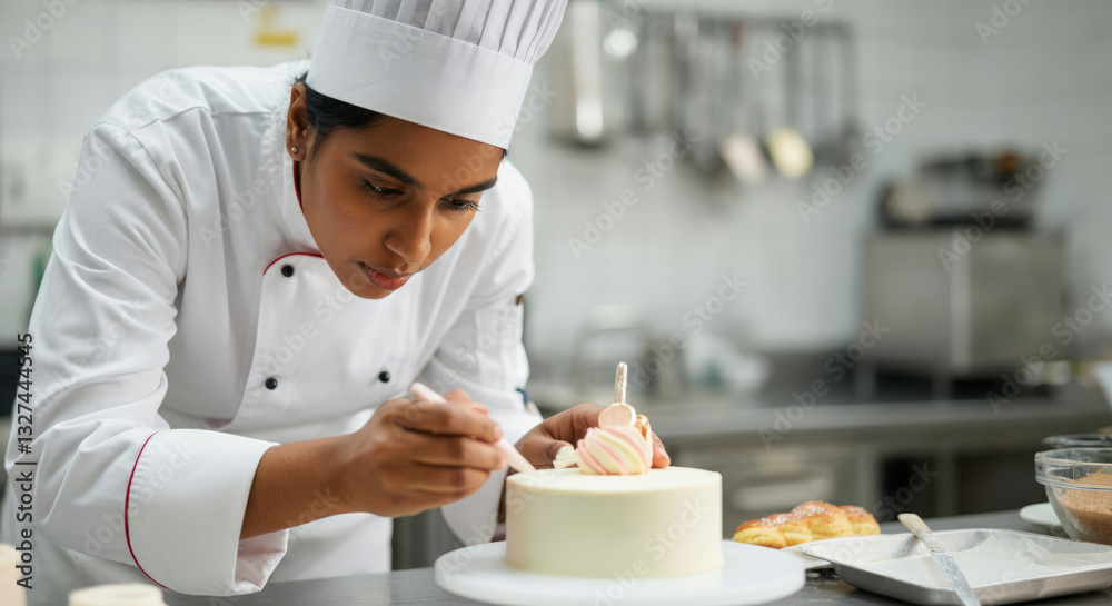 Hispanic female chef decorating cake in professional kitchen Hispanic female chef decorating cake in professional kitchen