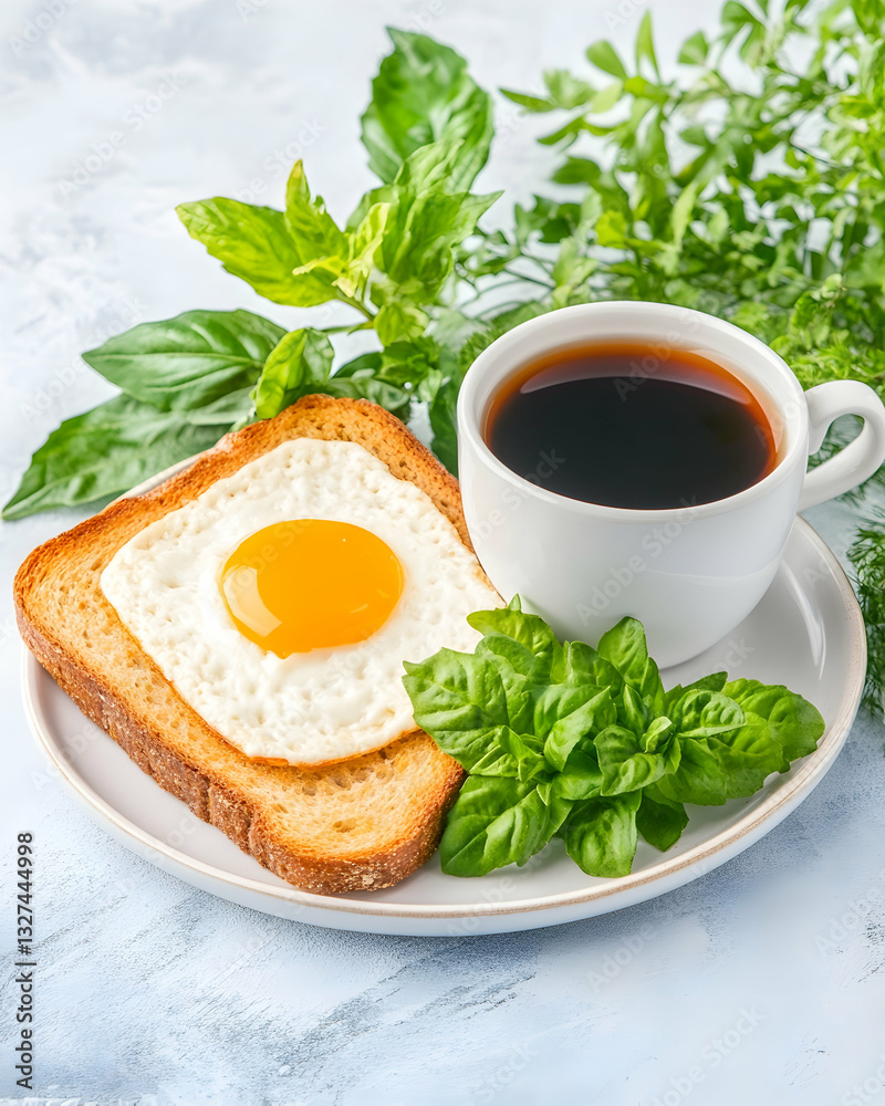 Fried egg on toast with coffee and fresh herbs Fried egg on toast with coffee and fresh herbs