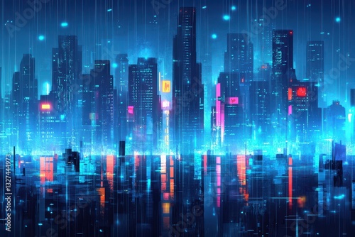 Illuminated cityscape skyline reflecting in a calm body of water