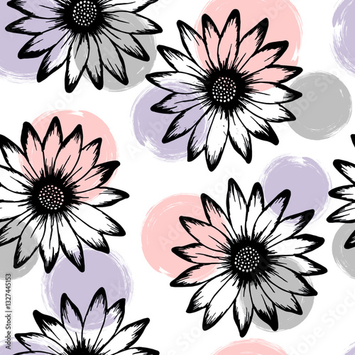 Daisy flowers vector seamless pattern in black white pink blue