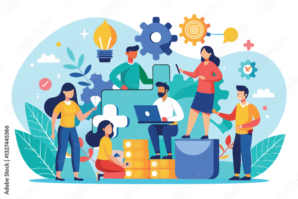 A diverse group of individuals collaborates in a vibrant workspace, sharing ideas and solutions, Team work Customizable Flat Illustration A diverse group of individuals collaborates in a vibrant workspace, sharing ideas and solutions, Team work Customizable Flat Illustration