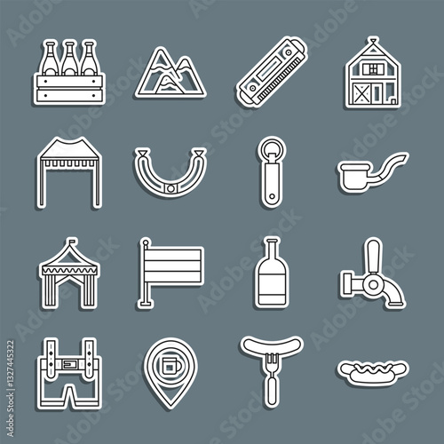 Set line Hotdog sandwich, Beer tap, Smoking pipe, Harmonica, Sausage, Camping tent, Pack of beer bottles and Bottle opener icon. Vector