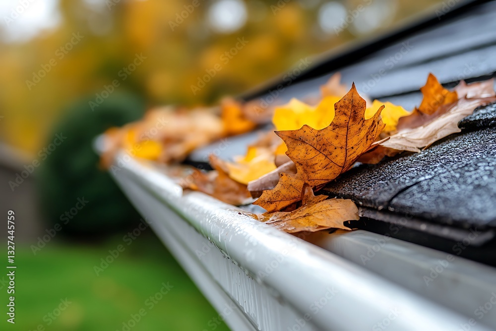 Fototapeta premium Rain floods from jammed white gutter dropped leaves stop drainage water ruin protection needs house repair wet climate leads to rain overflow exterior home tending 