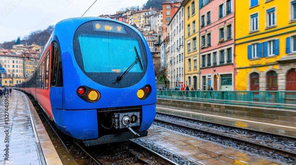 Naklejka premium A bright blue train swiftly traveling down train tracks with a vibrant landscape and clear sky in the background