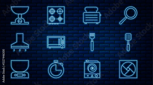 Set line Ventilation, Spatula, Toaster with toasts, Microwave oven, Kitchen extractor fan, Electronic scales, Fork and Gas stove icon. Vector