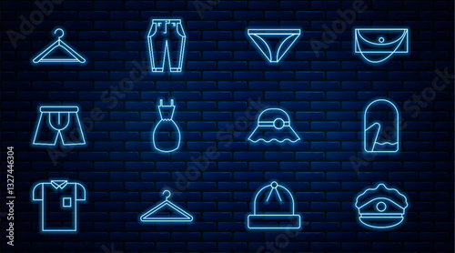 Set line Police cap with cockade, Christmas mitten, Men underpants, Woman dress, Hanger wardrobe, Elegant women hat and Pants icon. Vector