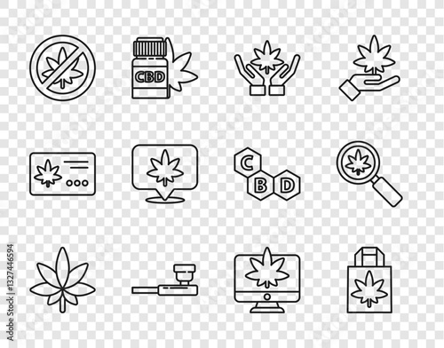 Set line Marijuana or cannabis leaf, Shopping paper bag of marijuana, Smoking pipe, Stop, Location and, Monitor and Magnifying glass icon. Vector