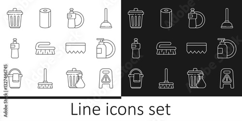 Set line Wet floor and cleaning in progress, Dishwashing liquid bottle plate, Brush for, Trash can, Sponge with bubbles and Paper towel roll icon. Vector