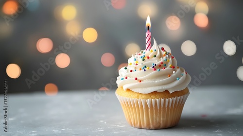 A single lit birthday candle atop a frosted decorated cupcake