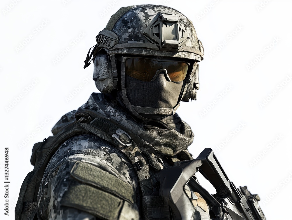 Closeup Portrait of Soldier in Camouflage Uniform and Helmet Holding Rifle Against White Background Closeup Portrait of Soldier in Camouflage Uniform and Helmet Holding Rifle Against White Background