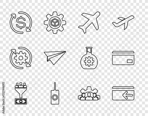 Set line Lead management, Cash back, Plane, Remote control, Return of investment, Paper plane, Project team base and Credit card icon. Vector