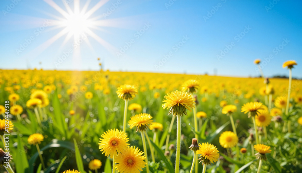 Fototapeta premium Vibrant dandelions blooming in sunny meadow, World Dandelion Day