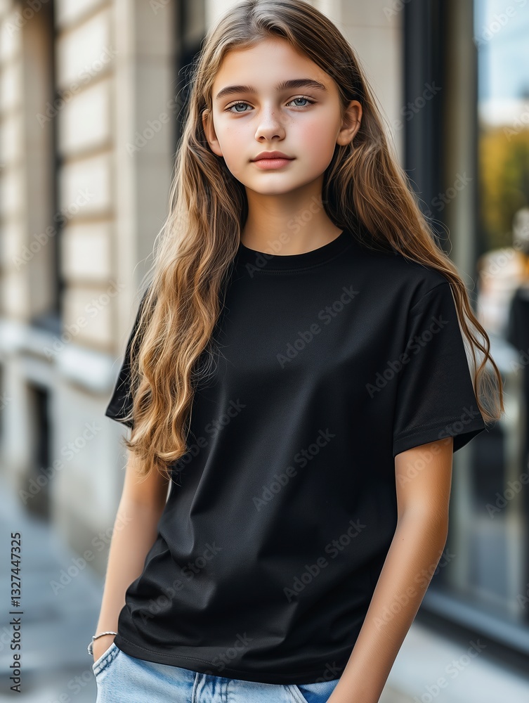 Cute young girl 14 y.o. wearing a blank black t-shirt mockup posing as a brand model in downtown for fashion design and t-shirt shop advertising Cute young girl 14 y.o. wearing a blank black t-shirt mockup posing as a brand model in downtown for fashion design and t-shirt shop advertising