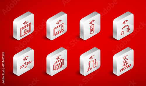 Set line Smart sensor, microwave oven, remote control, headphones, Robotic robot arm hand factory, warehouse, printer and Smartwatch icon. Vector
