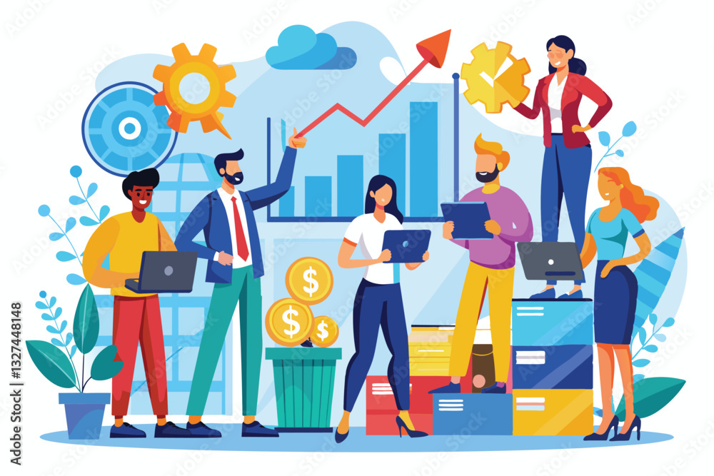 A diverse group of professionals engages in teamwork to enhance business performance and growth, Teamwork improves stock marketing