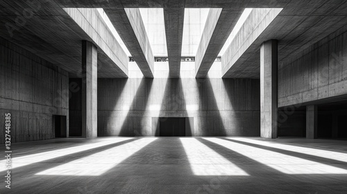Brutalist space with openings in the ceiling letting sunlight in